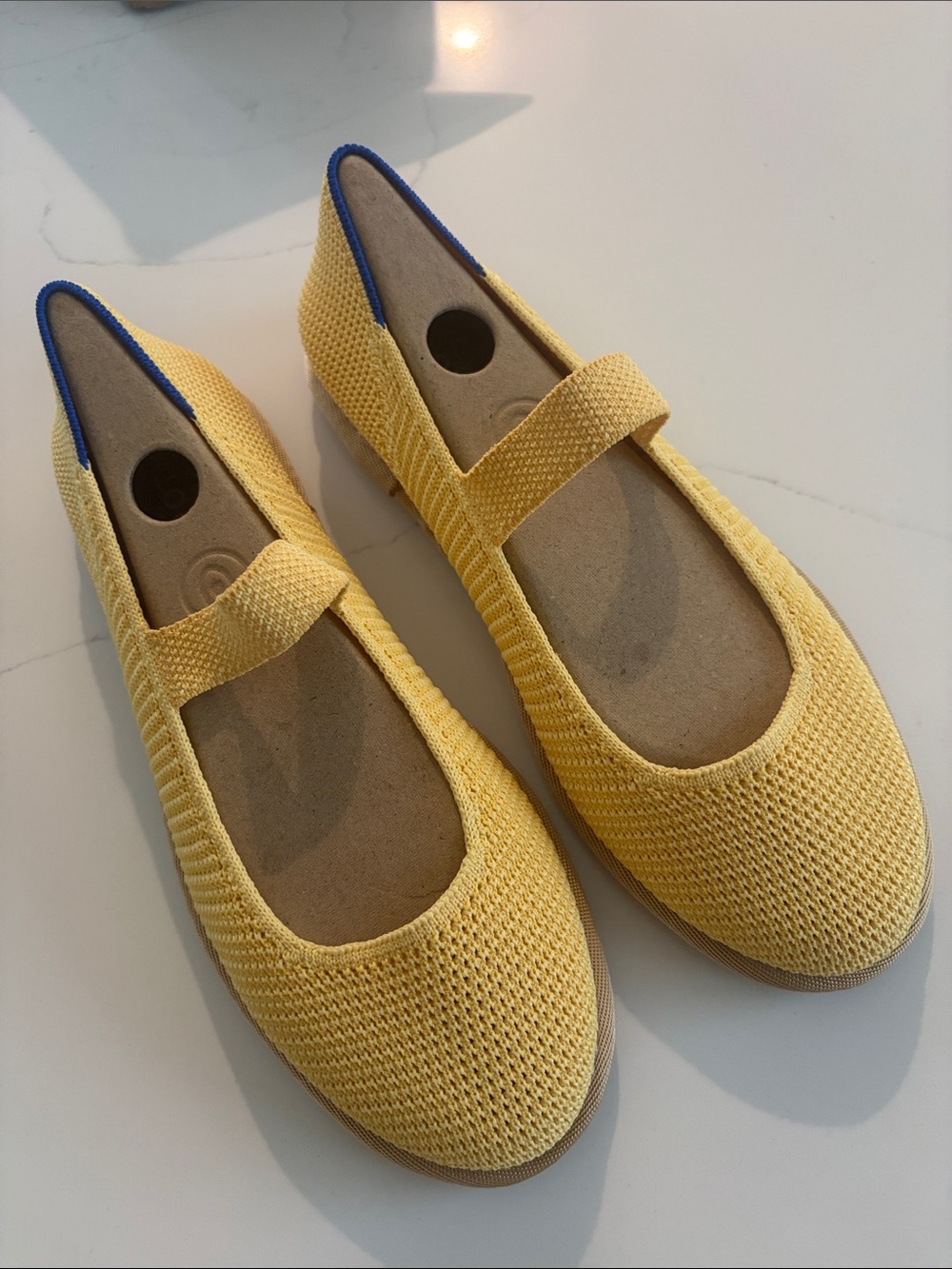 Rothy's Yellow Knit Mary Jane Flats with Blue Trim